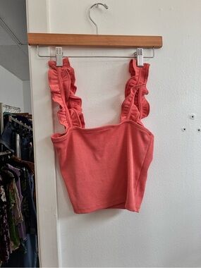 Zara Coral Ruffle-Strap Ribbed Crop Tank